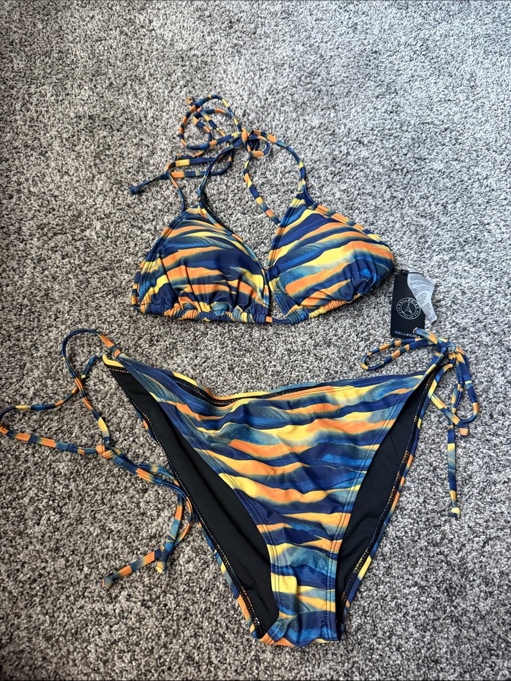 RELLECIGA Navy, Blue and Orange Striped Tie-Side Bikini